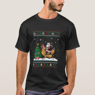 Ugly Christmas Tree Lights Xmas Santa Riding Chick T-Shirt