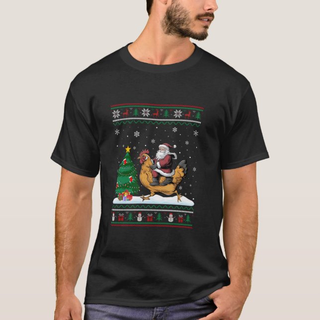Ugly Christmas Tree Lights Xmas Santa Riding Chick T-Shirt (Front)