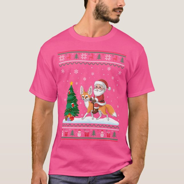 Ugly Christmas Tree Lights Xmas Santa Riding Fenne T-Shirt (Front)