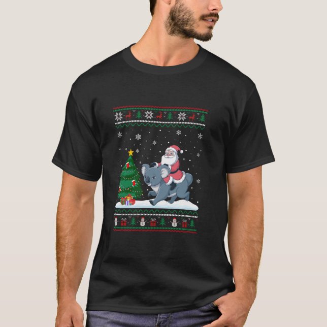 Ugly Christmas Tree Lights Xmas Santa Riding Koala T-Shirt (Front)