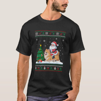 Ugly Christmas Tree Lights Xmas Santa Riding Pomer T-Shirt