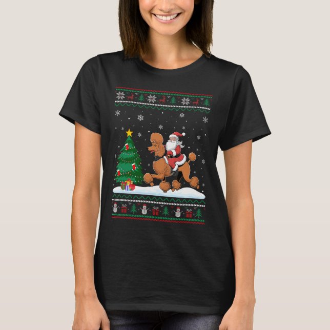 Ugly Christmas Tree Lights Xmas Santa Riding Poodl T-Shirt (Front)