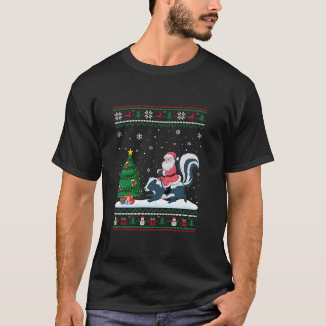 Ugly Christmas Tree Lights Xmas Santa Riding Skunk T-Shirt (Front)