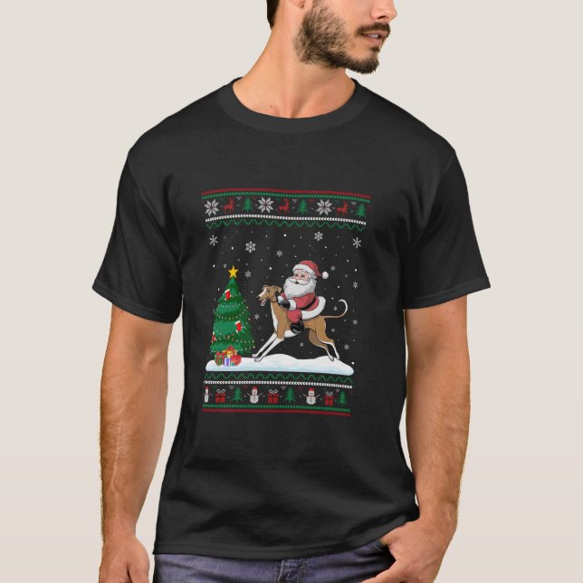 Ugly Christmas Tree Lights Xmas Santa Riding Whipp T-Shirt (Front)