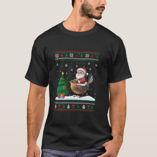 Ugly Christmas Tree Lights Xmas Santa Riding Wren T-Shirt