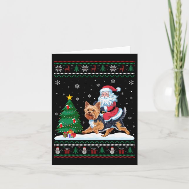 Ugly Christmas Tree Lights Xmas Santa Riding Yorki Card (Front)