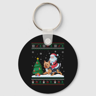 Ugly Christmas Tree Lights Xmas Santa Riding Yorki Keychain