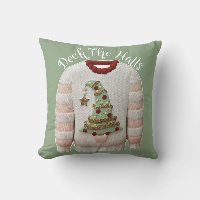 Ugly Christmas Tree Sweater Throw Pillow (Front)
