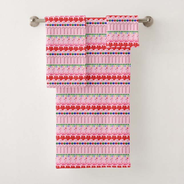 Ugly Christmas Tropical Pink Flamingos on Pink Bath Towel Set (Insitu)