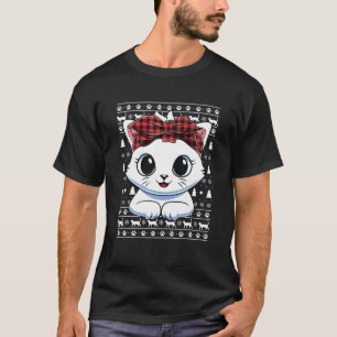 Ugly Christmas White Cat Red Plaid Bandana Xmas Gi T-Shirt