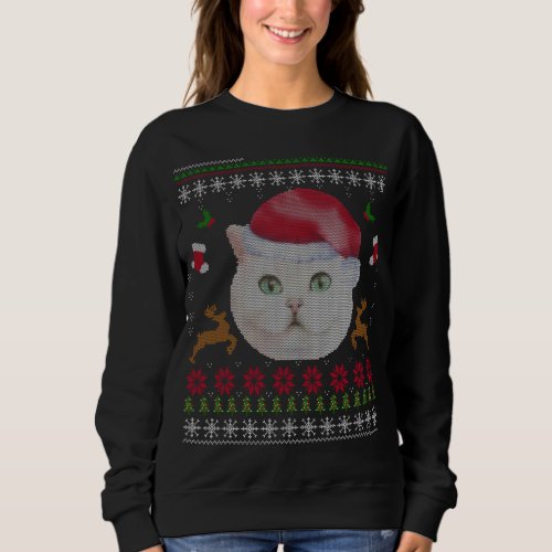 Ugly Christmas White Cat Sweater Like Gift with Sa