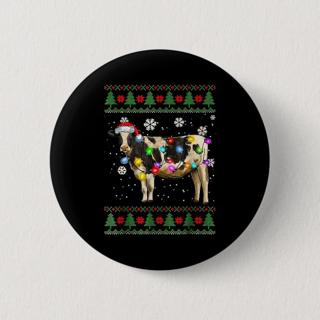Ugly Cow Christmas Sweater Santa Hat And Light Up  Button (Front)