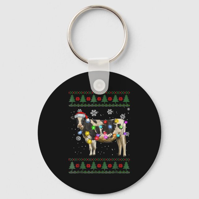 Ugly Cow Christmas Sweater Santa Hat And Light Up  Keychain (Front)
