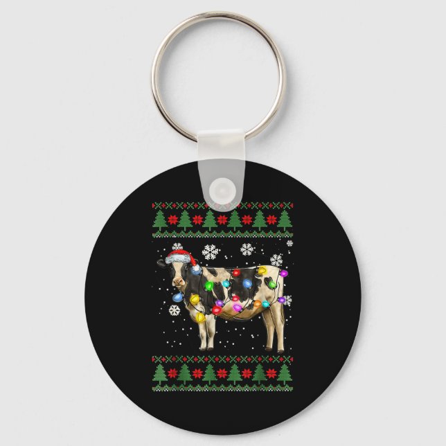 Ugly Cow Christmas Sweater Santa Hat And Light Up  Keychain (Front)