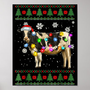 Ugly Cow Christmas Sweater Santa Hat And Light Up  Poster