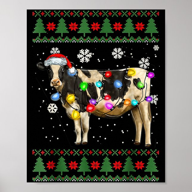Ugly Cow Christmas Sweater Santa Hat And Light Up  Poster (Front)