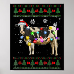 Ugly Cow Christmas Sweater Santa Hat And Light Up Poster
