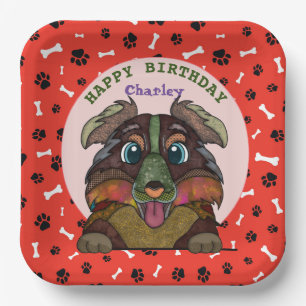 Ugly dog face Australian Shepherd birthday Paper Plates