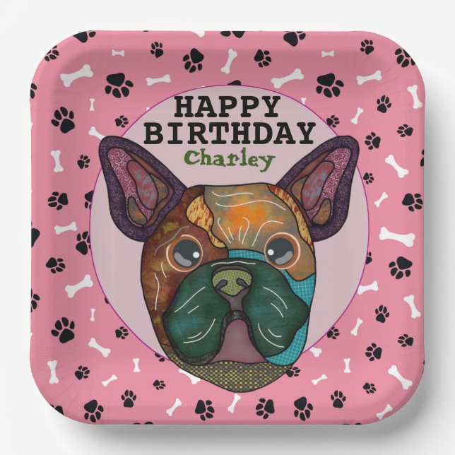 Ugly dog face French Bulldog birthday Paper Plates (Front)