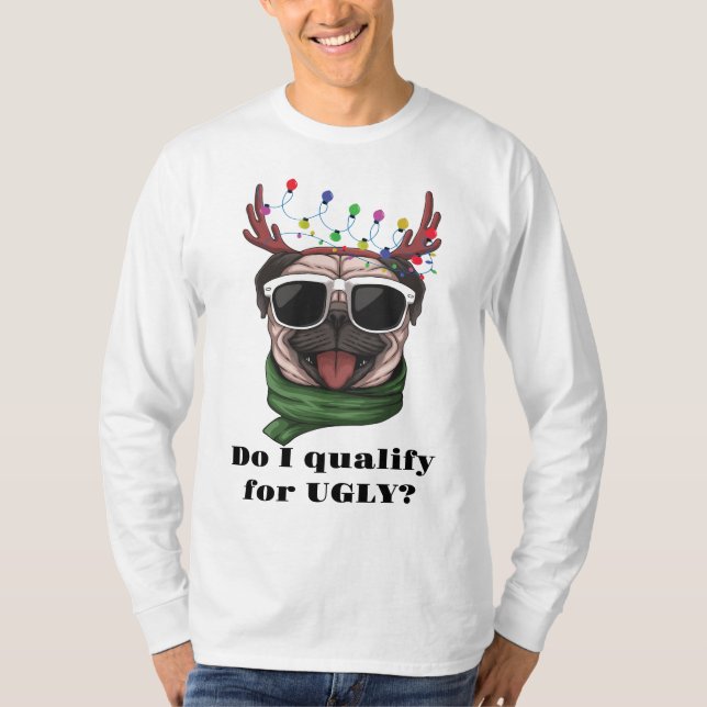 Ugly Dog Face String Lights Sunglasses Antlers T-Shirt (Front)