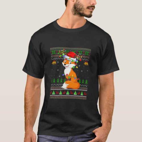 Ugly Fox Xmas Lighting Santa Fox Christmas Long Sl T_Shirt