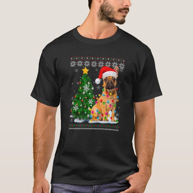 Ugly French Bulldog Dog Santa Hat Christmas Tree L T-Shirt (Front)