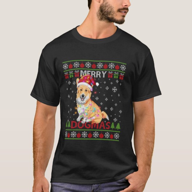Ugly Funny Merry Dogmas Corgi Dog Santa Hat Lights T-Shirt (Front)