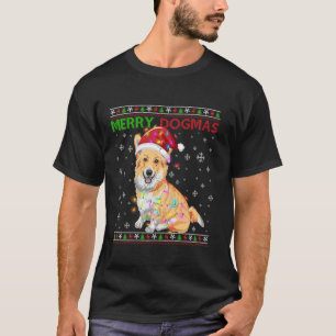 Ugly Funny Merry Dogmas Corgi Dog Santa Hat Lights T-Shirt