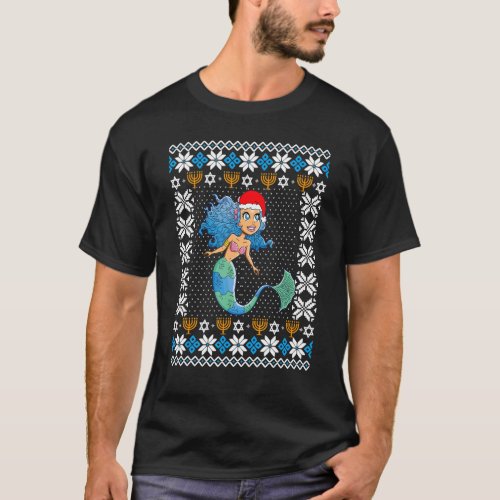 UGLY Hanukkah Christmas Pajama Mermaid Santa Hat T_Shirt