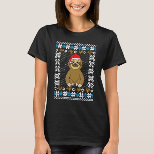 UGLY Hanukkah Christmas Pajama Sloth Santa Hat T_Shirt