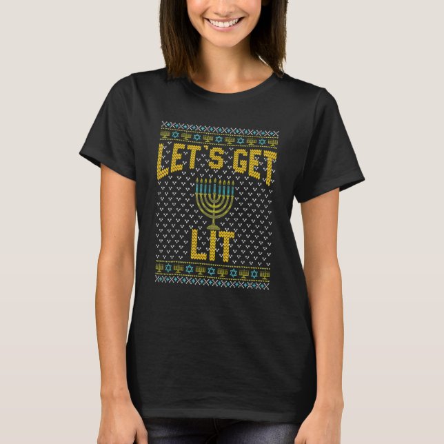 Ugly Hanukkah Let's Get Lit Drinking T-Shirt (Front)
