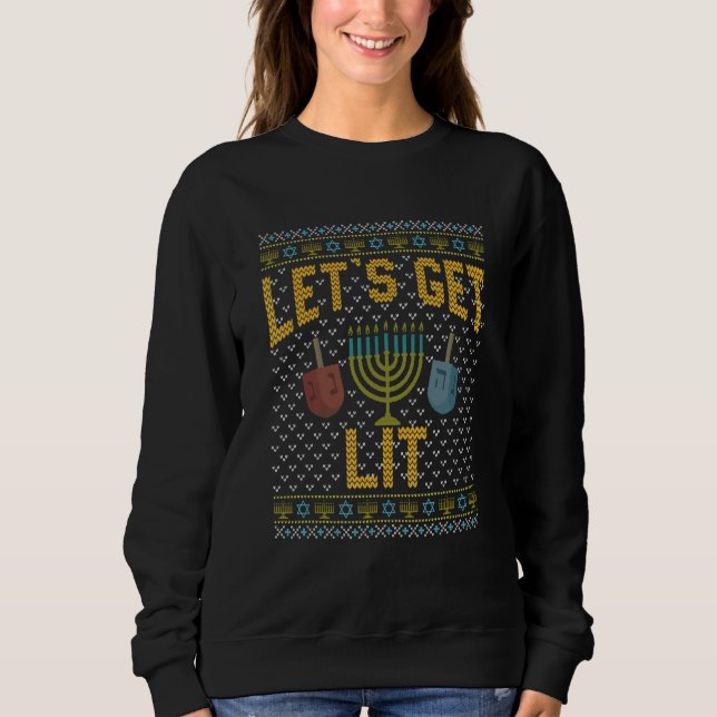 Ugly Hanukkah Sweater Let's Get Lit Drinking (Front)
