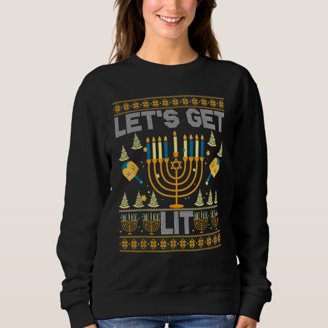 Ugly Hanukkah Sweater  Let's Get Lit Drinking Tee (Front)