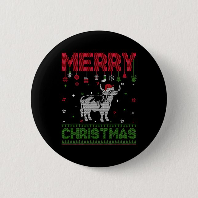 Ugly Holiday Christmas Fun Highland Cow Graphic  Button (Front)