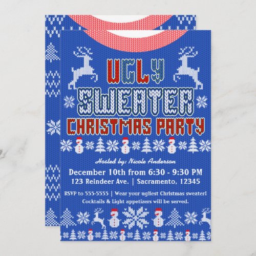 Ugly Knit Sweater Christmas Party Blue White Red Invitation