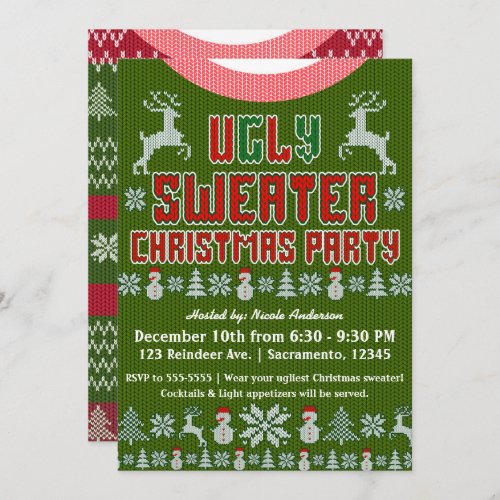 Ugly Knit Sweater Christmas Party Red  Green Invitation