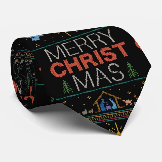 Ugly Merry Christmas Sweater Christian Christ Neck Tie (Rolled)