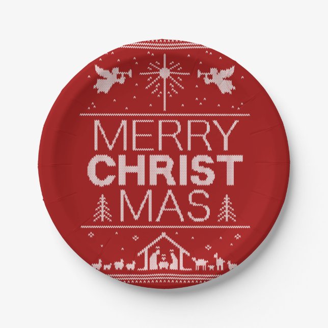Ugly Merry Christmas Sweater  Christian Christ Red Paper Plates (Front)
