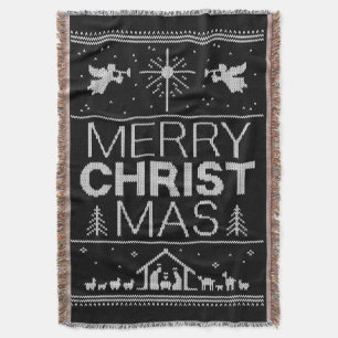 Ugly Merry CHRISTmas Sweater Christian Jesus God Throw Blanket