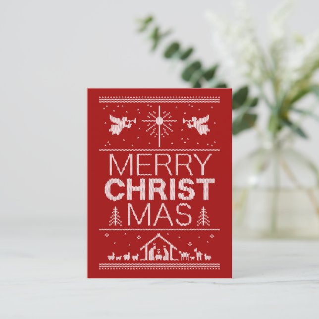 Ugly Merry CHRISTmas Sweater Christian Red White Holiday Postcard (Standing Front)