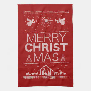 Ugly Merry CHRISTmas Sweater Christian Red White Kitchen Towel
