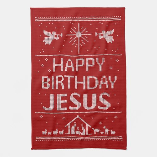 Ugly Merry Christmas Sweater Happy Birthday Jesus Kitchen Towel