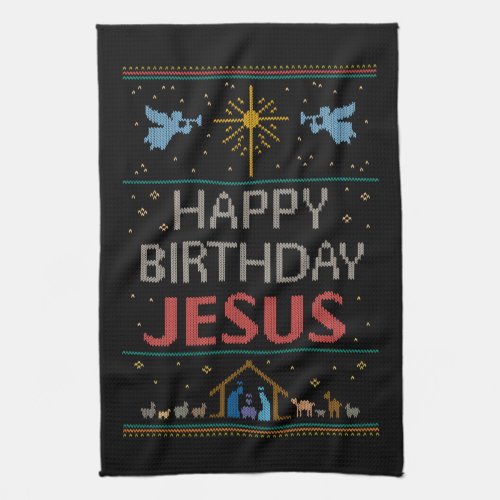 Ugly Merry Christmas Sweater Happy Birthday Jesus Kitchen Towel