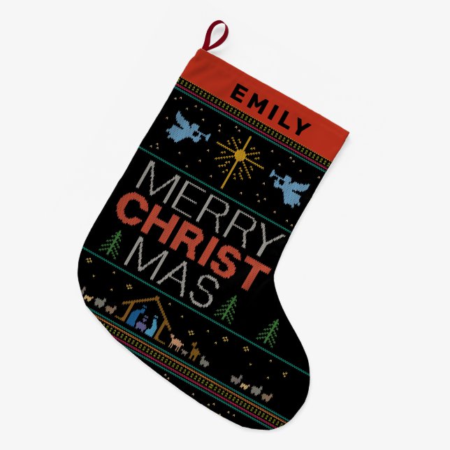Ugly Merry CHRISTmas Sweater Jesus God Christian Large Christmas Stocking (Front (Hanging))