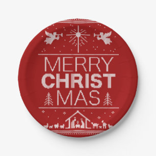 Ugly Merry Christmas Sweater Religious Christ Red Paper Plates