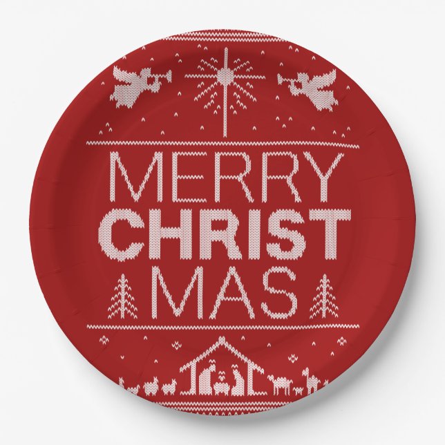 Ugly Merry Christmas Sweater  Religious Christ Red Paper Plates (Front)