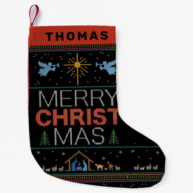 Ugly Merry CHRISTmas Sweater Religious Christian Small Christmas Stocking (Front)
