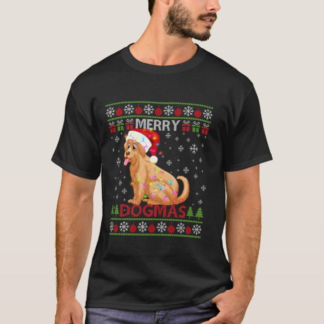 Ugly Merry Dogmas Golden Retriever Dog Santa Hat L T-Shirt (Front)