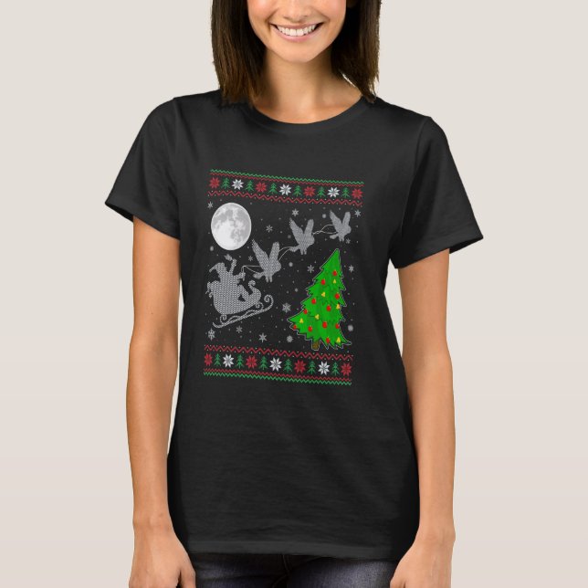 Ugly Owl Xmas Lighting Tree Santa Riding Owl T-Shirt (Front)
