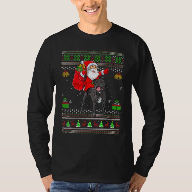 Ugly Santa Riding Staffordshire Bull Terrier Dog C T-Shirt (Front)
